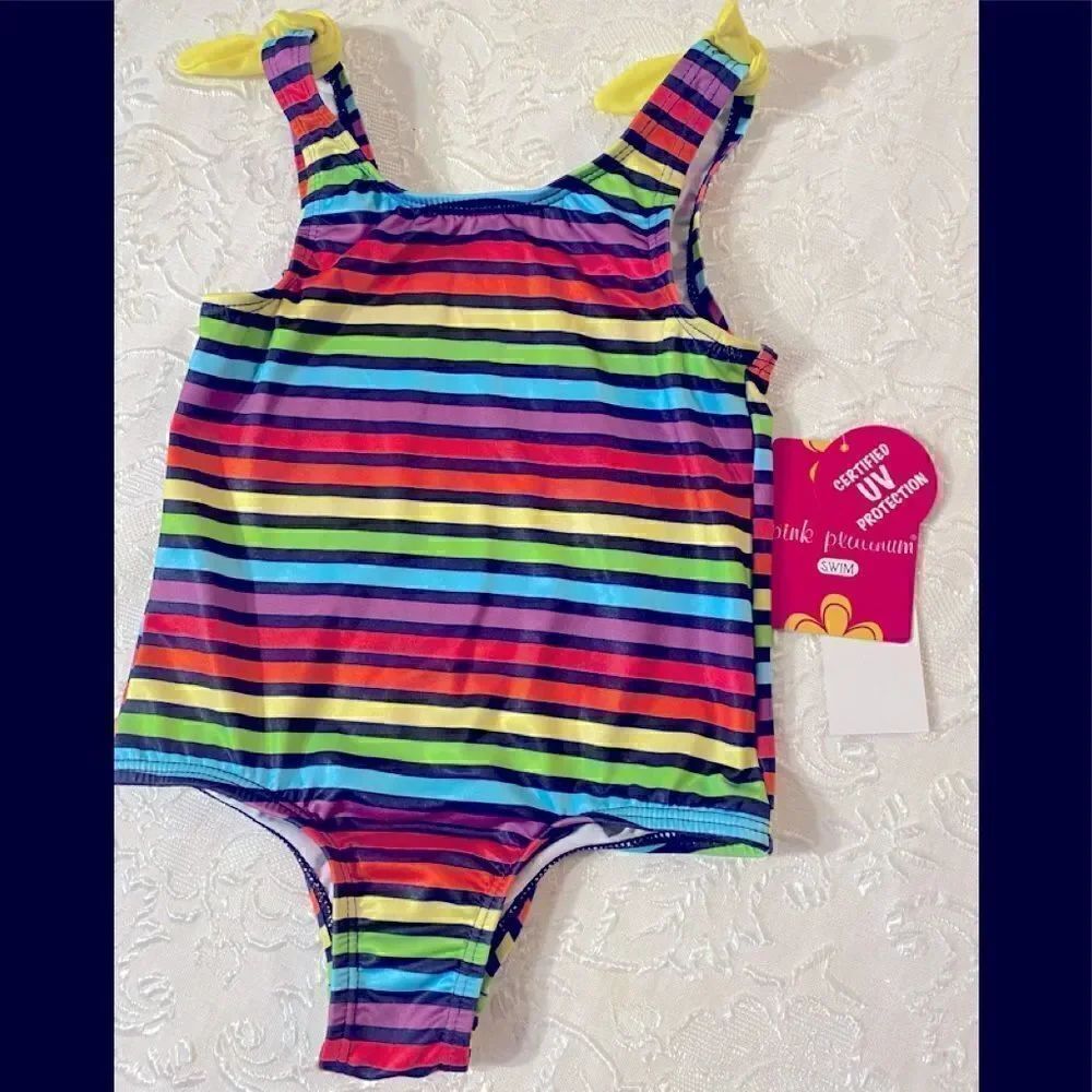 🛍 Pink Platinum Girl’s little Rainbow 🌈 Striped Print Swimsuit Size :4